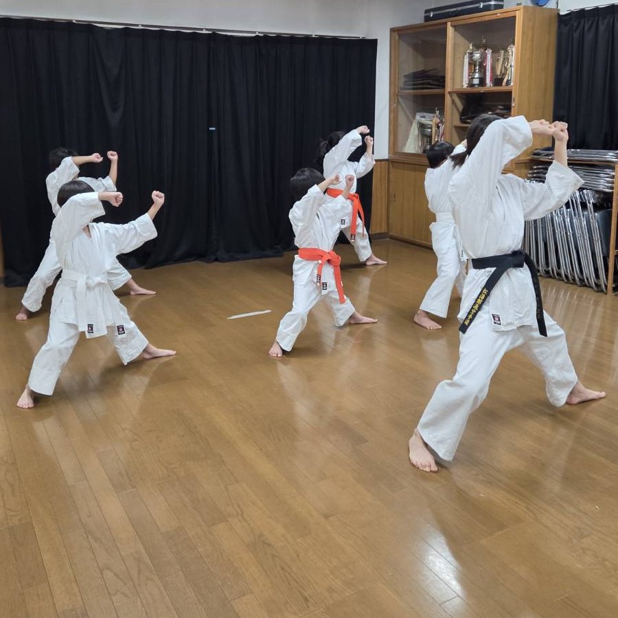 道場で、そろって基本の稽古をする道場生